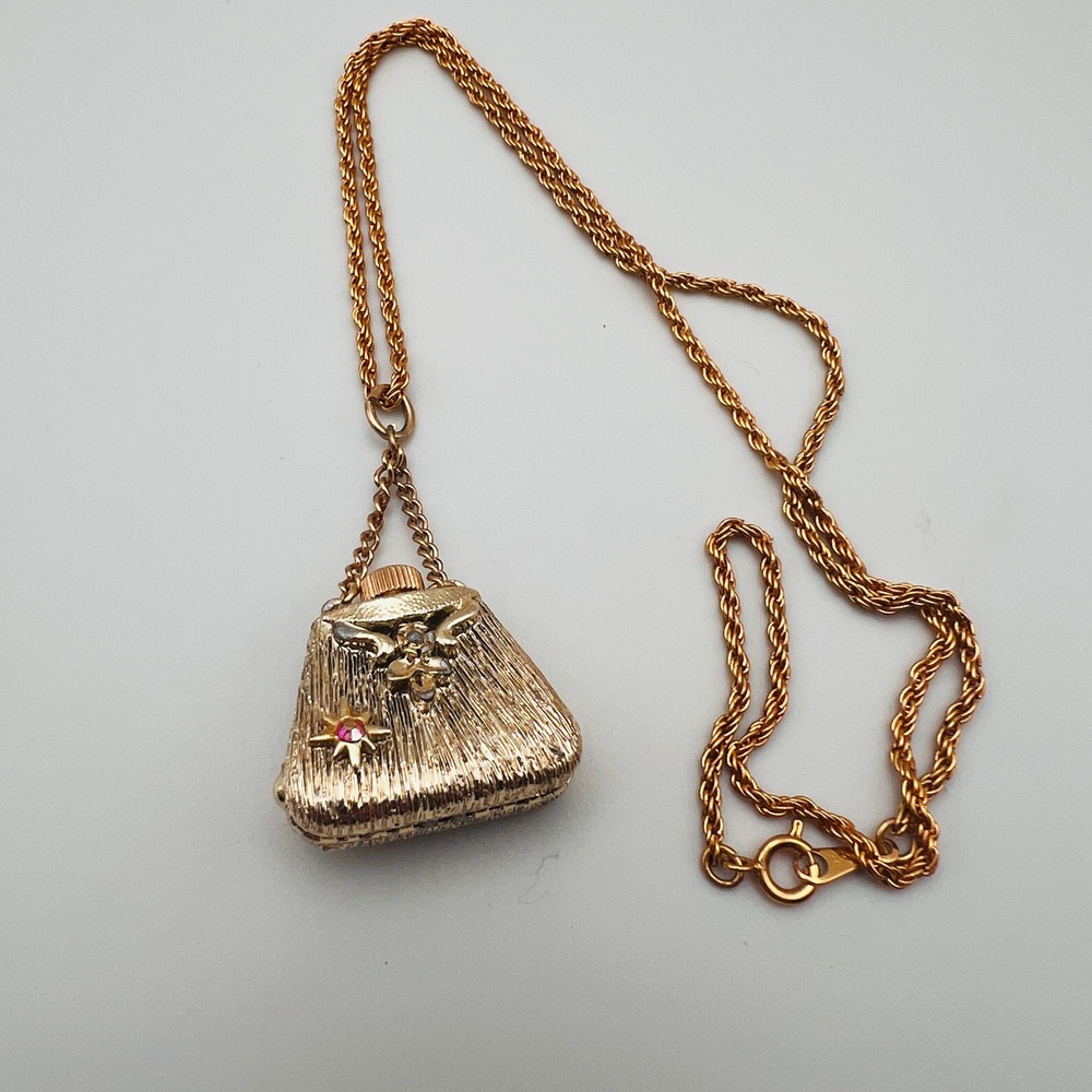 Vintage Purse Perfume Bottle Pendant Gold Tone Necklace Aurora Borealis Flower